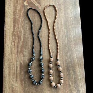 Bundle of (2) Thai Terra Cotta Clay Beaded Necklaces - Black/Brown and White